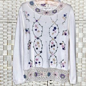 Brownstone Studio Sweater Womens Petite Small Pastel Crochet Roses & Embroidery.